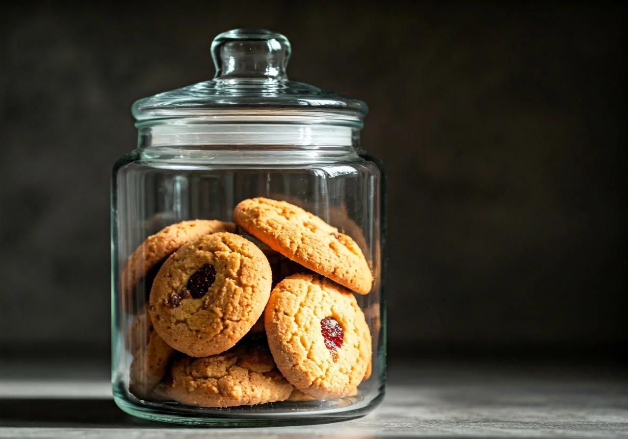 Glass cookie jar with assorted cookies